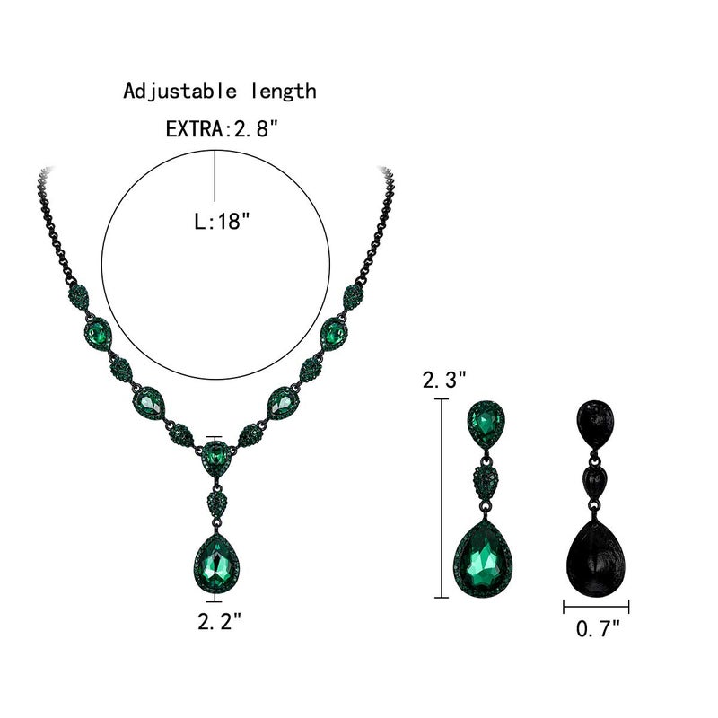 EleQueen Women's Cubic Zirconia Teardrop Y-Necklaces Dangle Earrings Sets for Brides Bridesmaids Green Black-Tone - Image 4